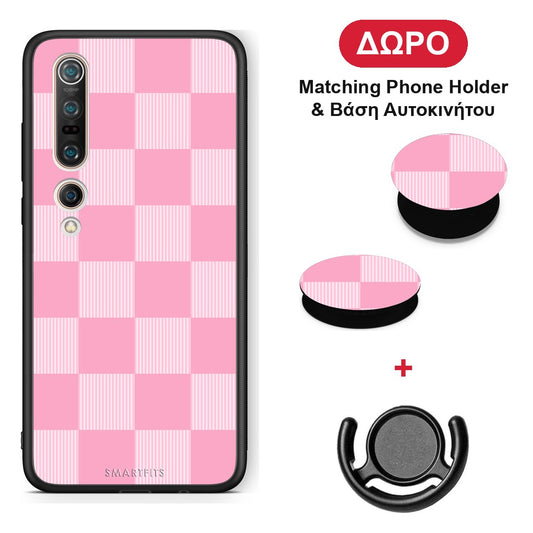 Pink and White Striped Checks - Xiaomi Mi 10 θήκη + Δώρο Phone Holder & Βάση Αυτοκινήτου