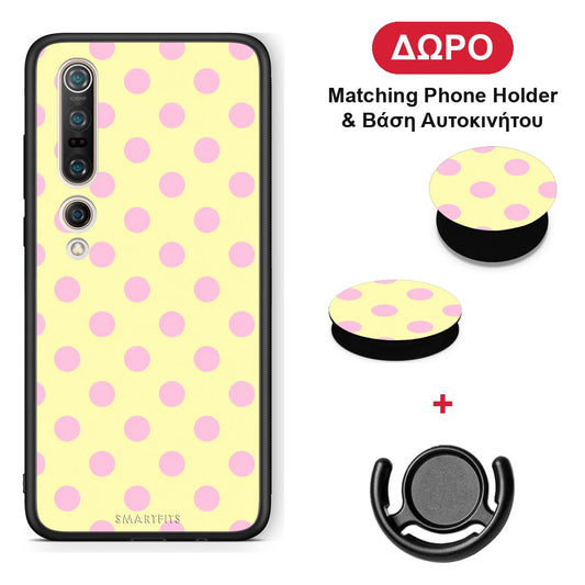 Pink Polka Dots on Yellow - Xiaomi Mi 10 θήκη + Δώρο Phone Holder & Βάση Αυτοκινήτου