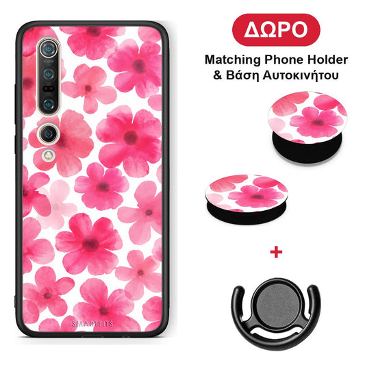 Pink Watercolour Flowers on White - Xiaomi Mi 10 θήκη + Δώρο Phone Holder & Βάση Αυτοκινήτου