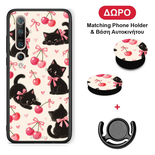 Black Kittens and Cherries on Cream - Xiaomi Mi 10 Pro θήκη + Δώρο Phone Holder & Βάση Αυτοκινήτου