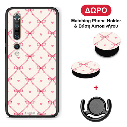 Pink Bow Lattice and Hearts on Cream - Xiaomi Mi 10 Pro θήκη + Δώρο Phone Holder & Βάση Αυτοκινήτου