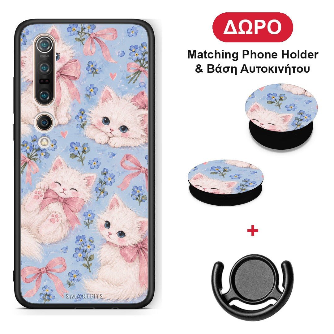 White Kittens and Blue Flowers Large - Xiaomi Mi 10 Pro θήκη + Δώρο Phone Holder & Βάση Αυτοκινήτου