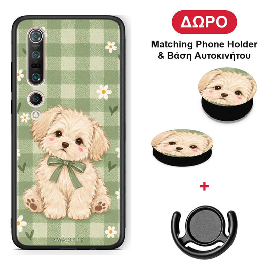 Puppy and Daisies on Sage Gingham - Xiaomi Mi 10 θήκη + Δώρο Phone Holder & Βάση Αυτοκινήτου