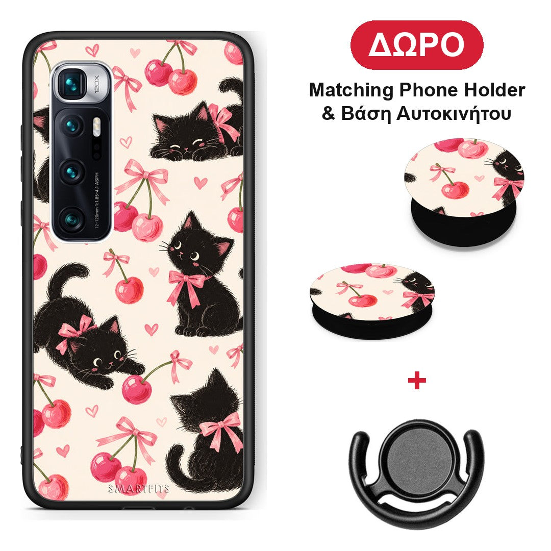 Black Kittens and Cherries on Cream - Xiaomi Mi 10 Ultra θήκη + Δώρο Phone Holder & Βάση Αυτοκινήτου
