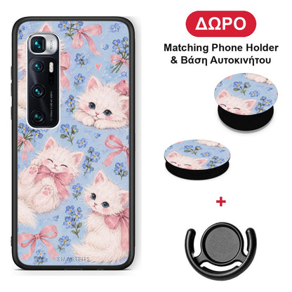 White Kittens and Blue Flowers Large - Xiaomi Mi 10 Ultra θήκη + Δώρο Phone Holder & Βάση Αυτοκινήτου