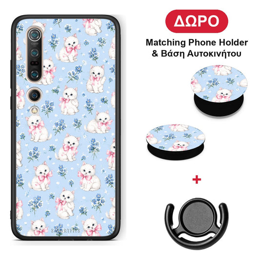 White Kittens and Blue Flowers Small - Xiaomi Mi 10 θήκη + Δώρο Phone Holder & Βάση Αυτοκινήτου