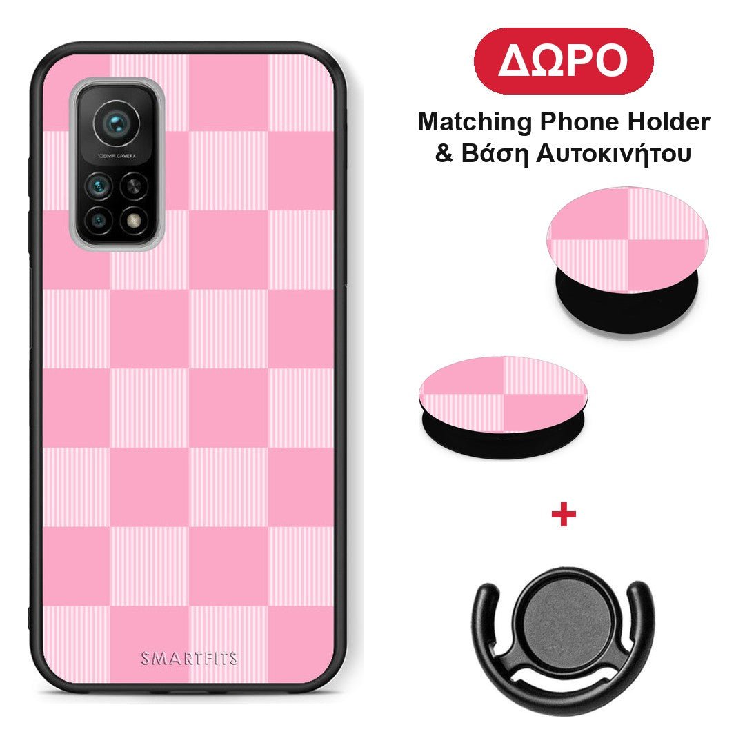 Pink and White Striped Checks - Xiaomi Mi 10T / 10T Pro θήκη + Δώρο Phone Holder & Βάση Αυτοκινήτου