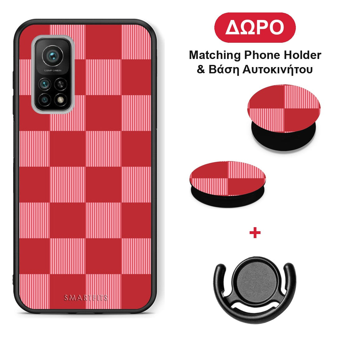 Red and Pink Striped Checks - Xiaomi Mi 10T / 10T Pro θήκη + Δώρο Phone Holder & Βάση Αυτοκινήτου