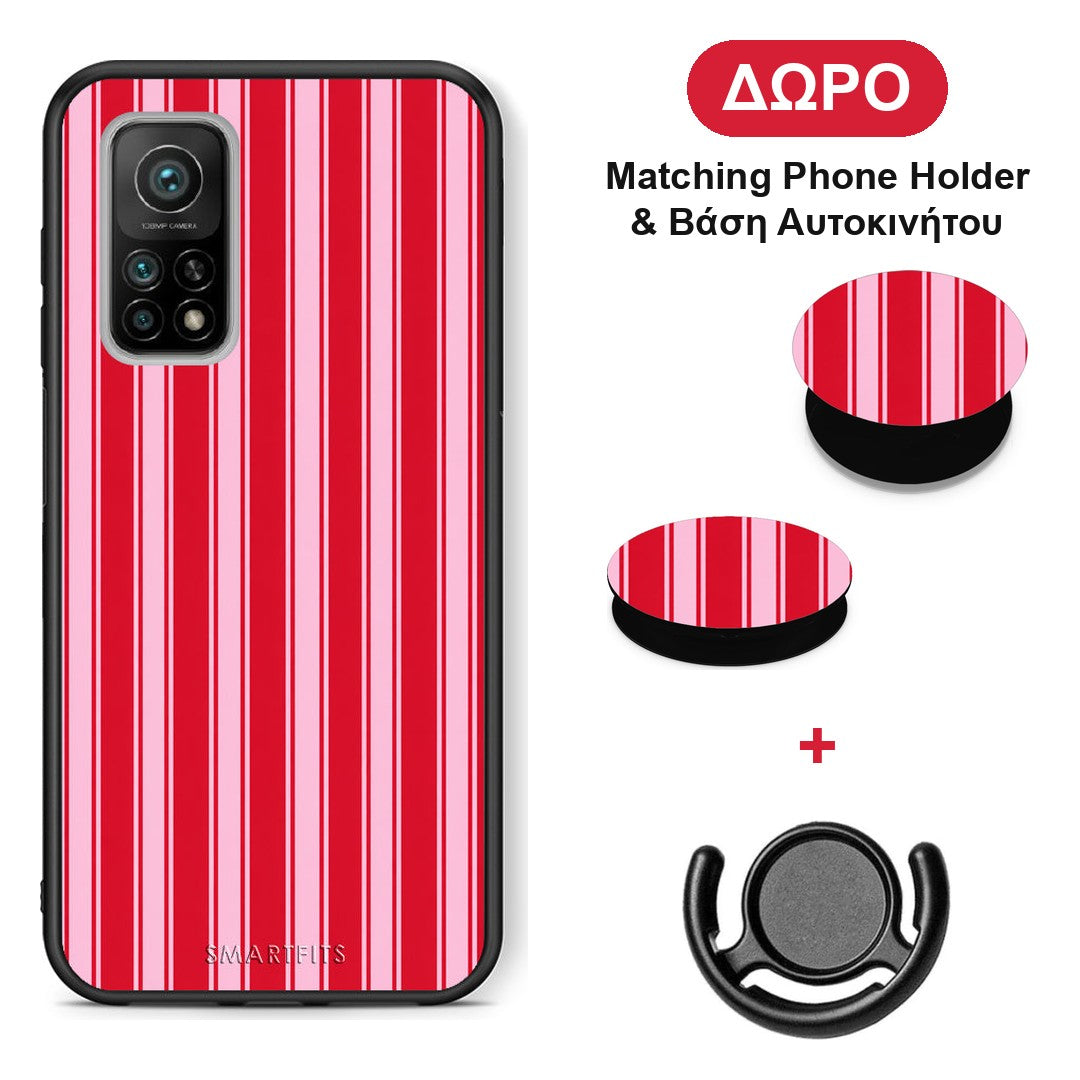Red and Pink Vertical Pinstripes - Xiaomi Mi 10T / 10T Pro θήκη + Δώρο Phone Holder & Βάση Αυτοκινήτου