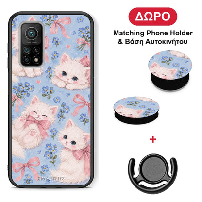 White Kittens and Blue Flowers Large - Xiaomi Mi 10T / 10T Pro θήκη + Δώρο Phone Holder & Βάση Αυτοκινήτου