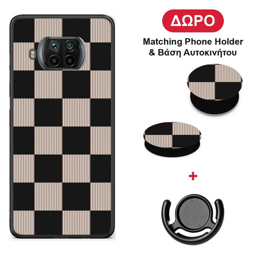 Black and Taupe Striped Checks - Xiaomi Mi 10T Lite θήκη + Δώρο Phone Holder & Βάση Αυτοκινήτου