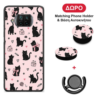 Black Cat Doodles on Pink - Xiaomi Mi 10T Lite θήκη + Δώρο Phone Holder & Βάση Αυτοκινήτου