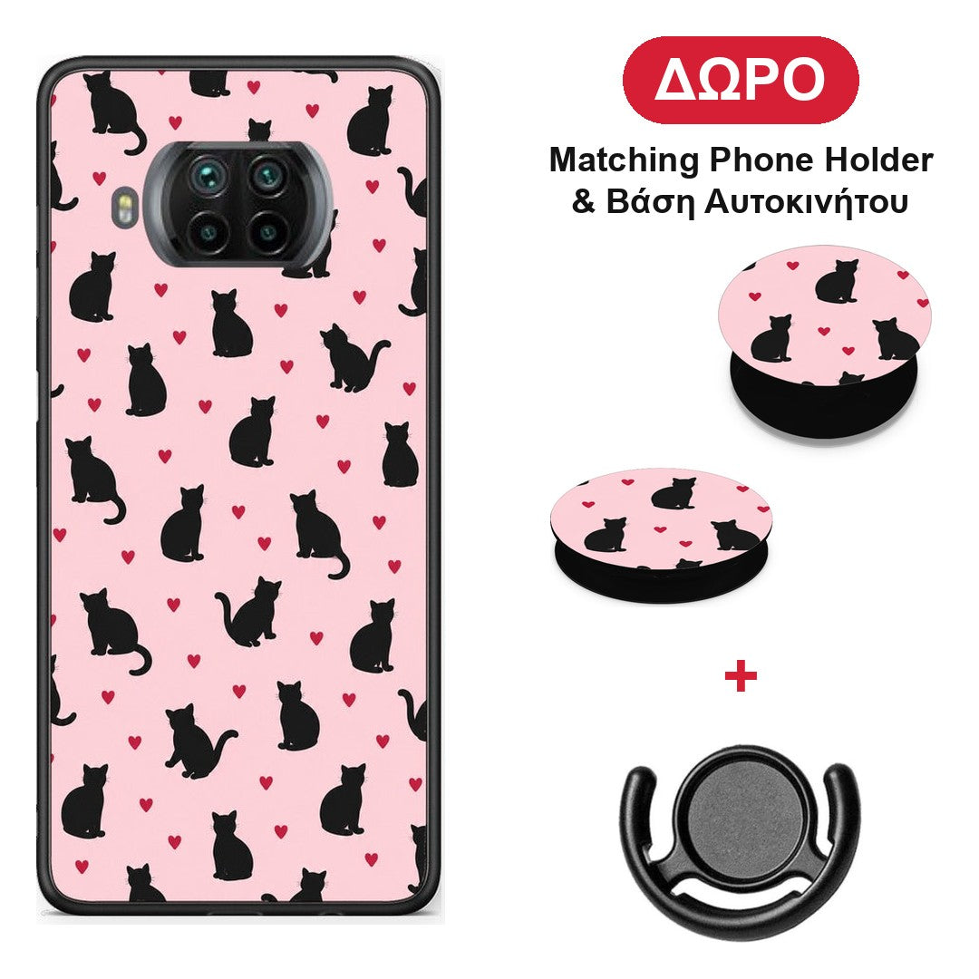Black Cat Silhouettes and Hearts on Pink - Xiaomi Mi 10T Lite θήκη + Δώρο Phone Holder & Βάση Αυτοκινήτου