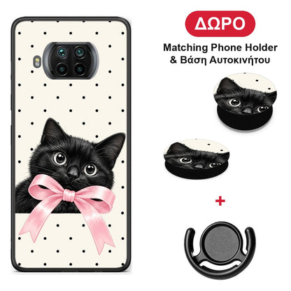 Black Kitten Pink Bow and Polka Dots - Xiaomi Mi 10T Lite θήκη + Δώρο Phone Holder & Βάση Αυτοκινήτου