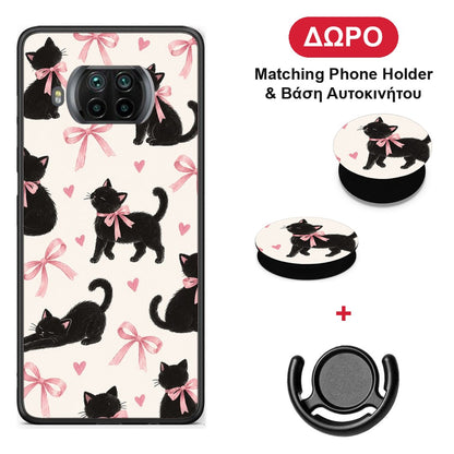 Black Kittens and Pink Bows on Cream Large - Xiaomi Mi 10T Lite θήκη + Δώρο Phone Holder & Βάση Αυτοκινήτου