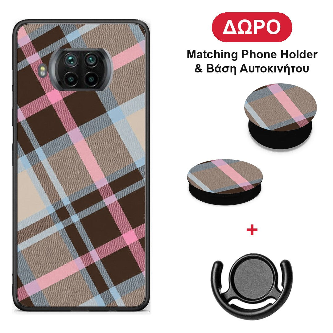 Brown Pink and Blue Diagonal Plaid - Xiaomi Mi 10T Lite θήκη + Δώρο Phone Holder & Βάση Αυτοκινήτου