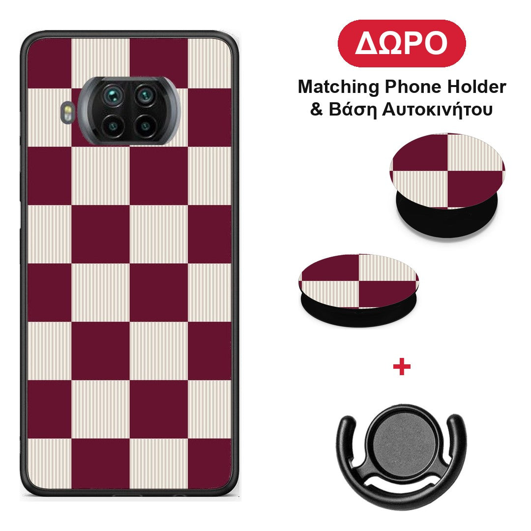 Burgundy and Cream Striped Checks - Xiaomi Mi 10T Lite θήκη + Δώρο Phone Holder & Βάση Αυτοκινήτου