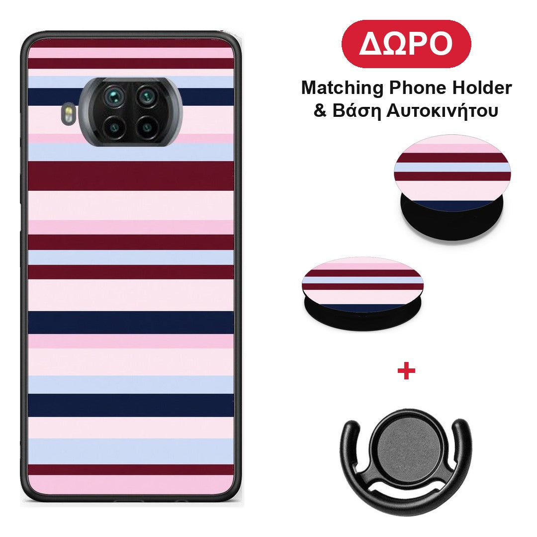 Burgundy Pink and Blue Horizontal Stripes - Xiaomi Mi 10T Lite θήκη + Δώρο Phone Holder & Βάση Αυτοκινήτου