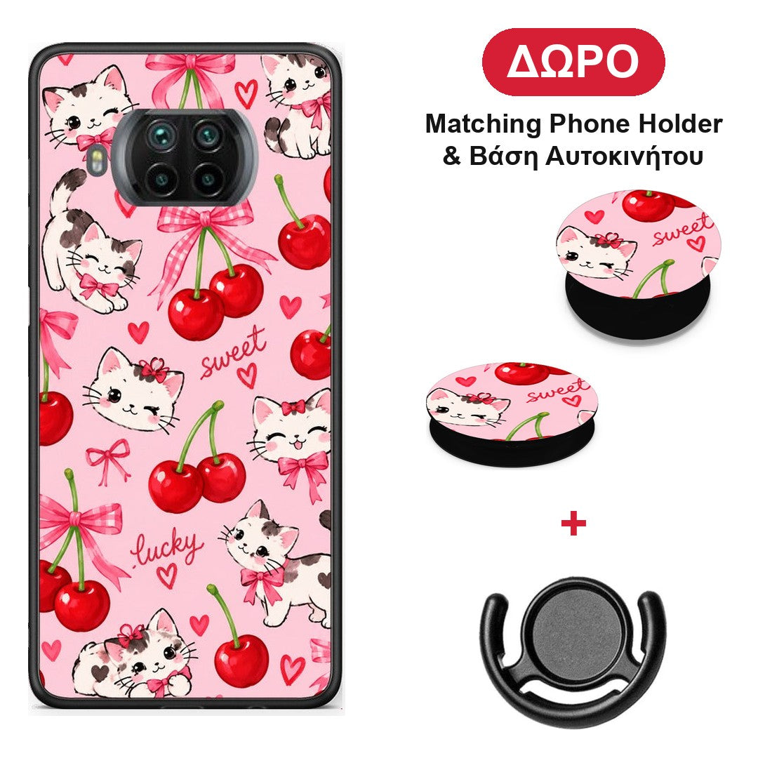 Cherries Bows and Kittens on Pink - Xiaomi Mi 10T Lite θήκη + Δώρο Phone Holder & Βάση Αυτοκινήτου