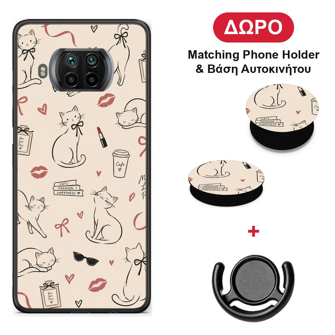 Minimal Cat and Fashion Doodles on Cream - Xiaomi Mi 10T Lite θήκη + Δώρο Phone Holder & Βάση Αυτοκινήτου