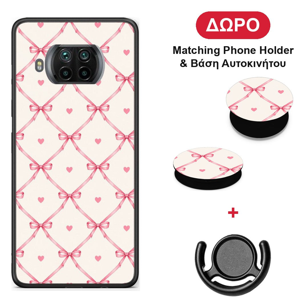 Pink Bow Lattice and Hearts on Cream - Xiaomi Mi 10T Lite θήκη + Δώρο Phone Holder & Βάση Αυτοκινήτου