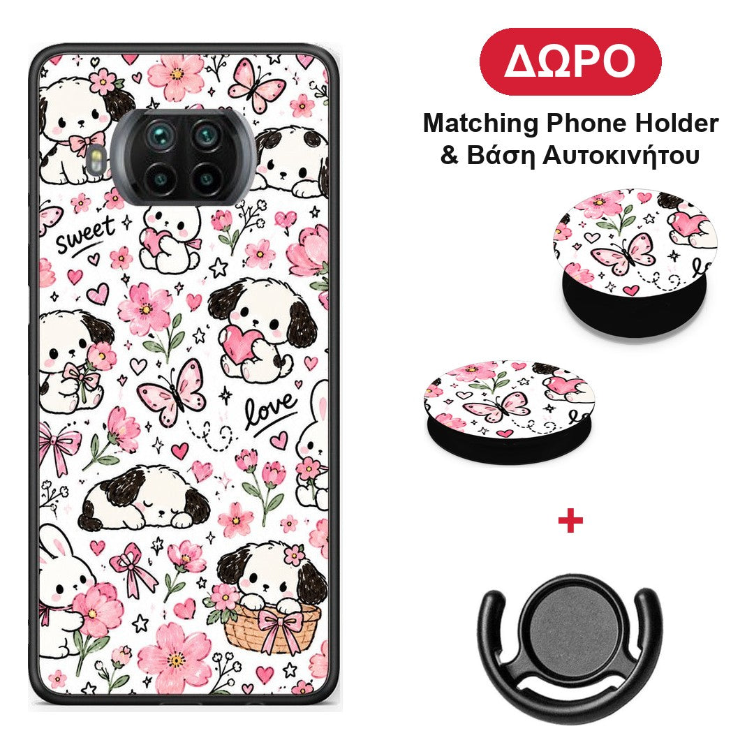Pink Florals Puppies and Bunnies on White - Xiaomi Mi 10T Lite θήκη + Δώρο Phone Holder & Βάση Αυτοκινήτου