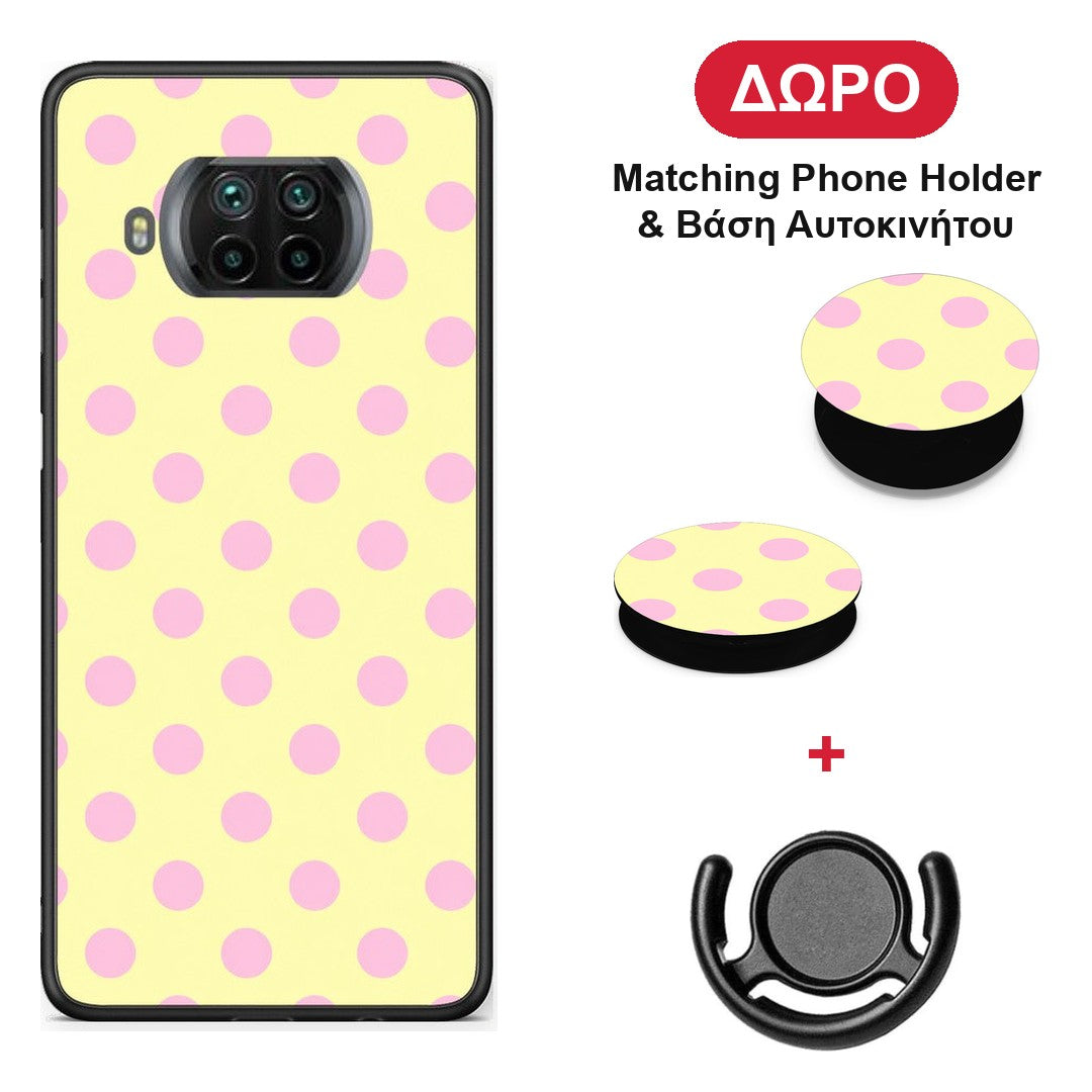 Pink Polka Dots on Yellow - Xiaomi Mi 10T Lite θήκη + Δώρο Phone Holder & Βάση Αυτοκινήτου