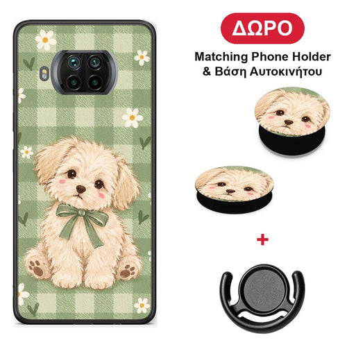 Puppy and Daisies on Sage Gingham - Xiaomi Mi 10T Lite θήκη + Δώρο Phone Holder & Βάση Αυτοκινήτου