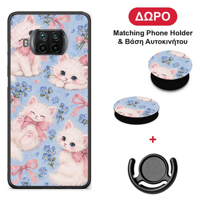 White Kittens and Blue Flowers Large - Xiaomi Mi 10T Lite θήκη + Δώρο Phone Holder & Βάση Αυτοκινήτου