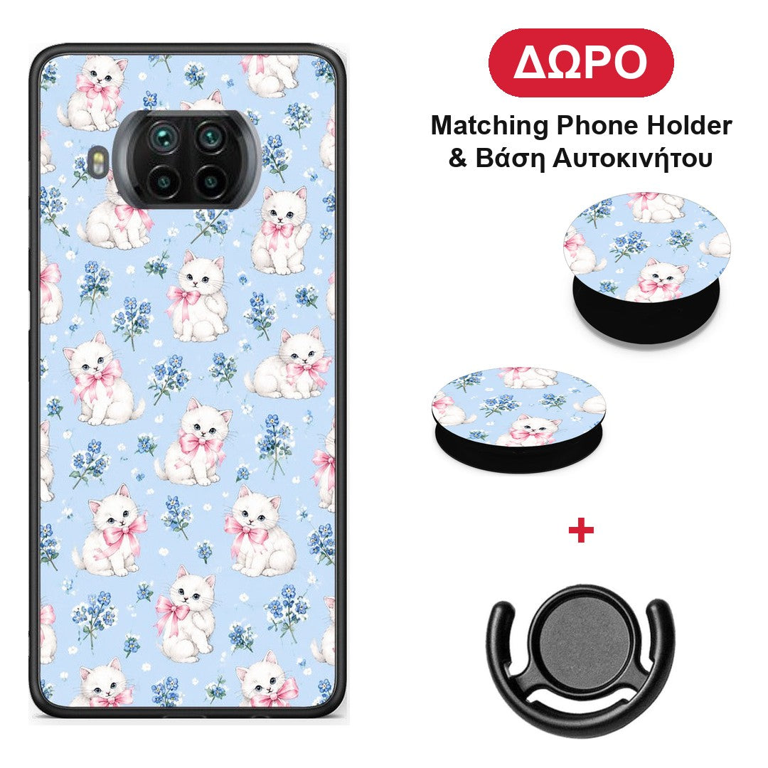 White Kittens and Blue Flowers Small - Xiaomi Mi 10T Lite θήκη + Δώρο Phone Holder & Βάση Αυτοκινήτου