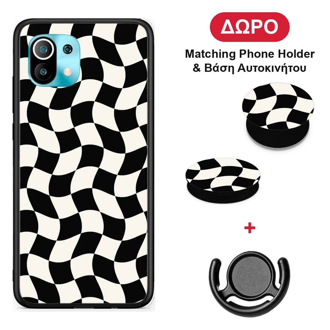 Black and Cream Wavy Checkerboard - Xiaomi Mi 11 / 11 Pro θήκη + Δώρο Phone Holder & Βάση Αυτοκινήτου