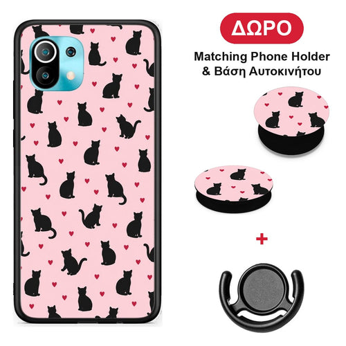 Black Cat Silhouettes and Hearts on Pink - Xiaomi Mi 11 / 11 Pro θήκη + Δώρο Phone Holder & Βάση Αυτοκινήτου