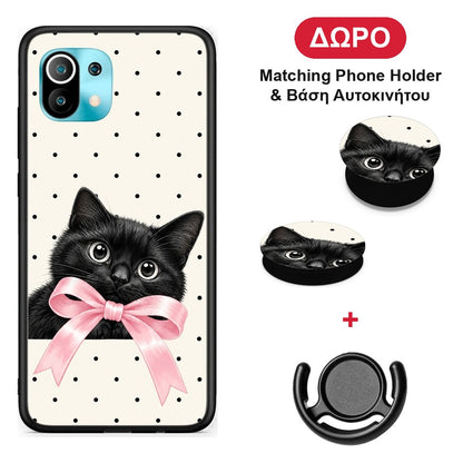 Black Kitten Pink Bow and Polka Dots - Xiaomi Mi 11 / 11 Pro θήκη + Δώρο Phone Holder & Βάση Αυτοκινήτου