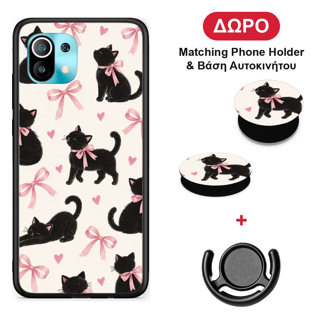 Black Kittens and Pink Bows on Cream Large - Xiaomi Mi 11 / 11 Pro θήκη + Δώρο Phone Holder & Βάση Αυτοκινήτου