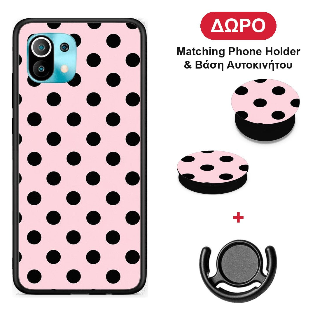 Black Polka Dots on Pink - Xiaomi Mi 11 / 11 Pro θήκη + Δώρο Phone Holder & Βάση Αυτοκινήτου