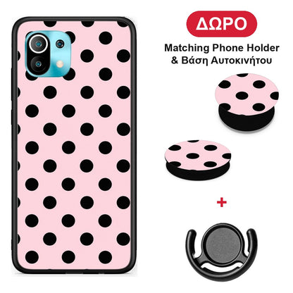Black Polka Dots on Pink - Xiaomi Mi 11 / 11 Pro θήκη + Δώρο Phone Holder & Βάση Αυτοκινήτου