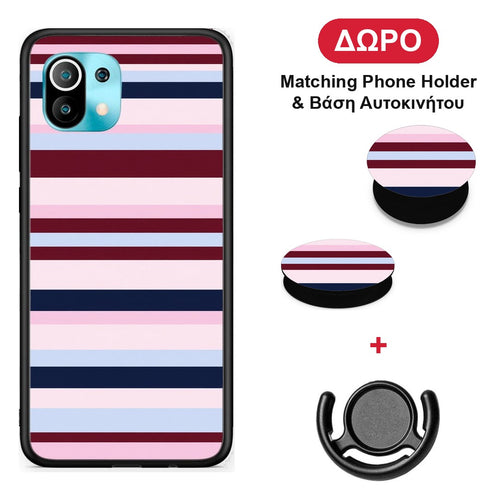 Burgundy Pink and Blue Horizontal Stripes - Xiaomi Mi 11 / 11 Pro θήκη + Δώρο Phone Holder & Βάση Αυτοκινήτου