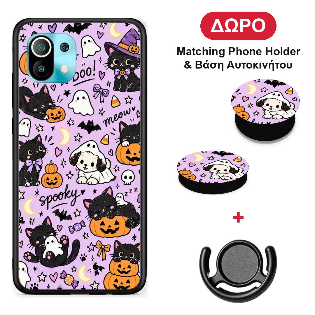 Halloween Black Cats on Lilac - Xiaomi Mi 11 / 11 Pro θήκη + Δώρο Phone Holder & Βάση Αυτοκινήτου