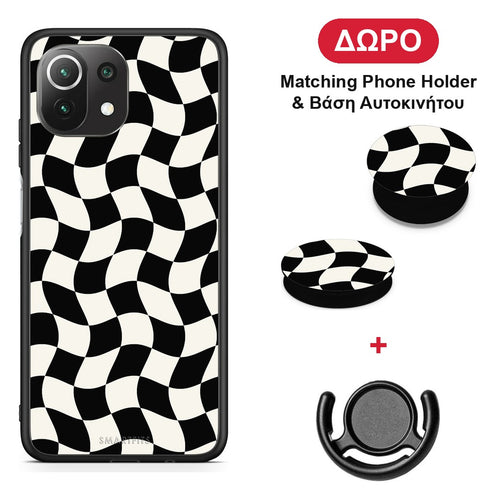 Black and Cream Wavy Checkerboard - Xiaomi 11 Lite 5G NE / Mi 11 Lite θήκη + Δώρο Phone Holder & Βάση Αυτοκινήτου