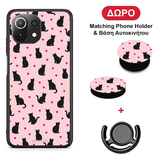 Black Cat Silhouettes and Hearts on Pink - Xiaomi 11 Lite 5G NE / Mi 11 Lite θήκη + Δώρο Phone Holder & Βάση Αυτοκινήτου