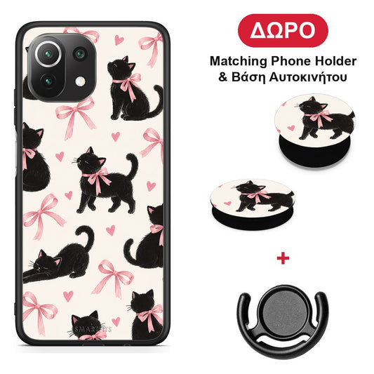 Black Kittens and Pink Bows on Cream Large - Xiaomi 11 Lite 5G NE / Mi 11 Lite θήκη + Δώρο Phone Holder & Βάση Αυτοκινήτου