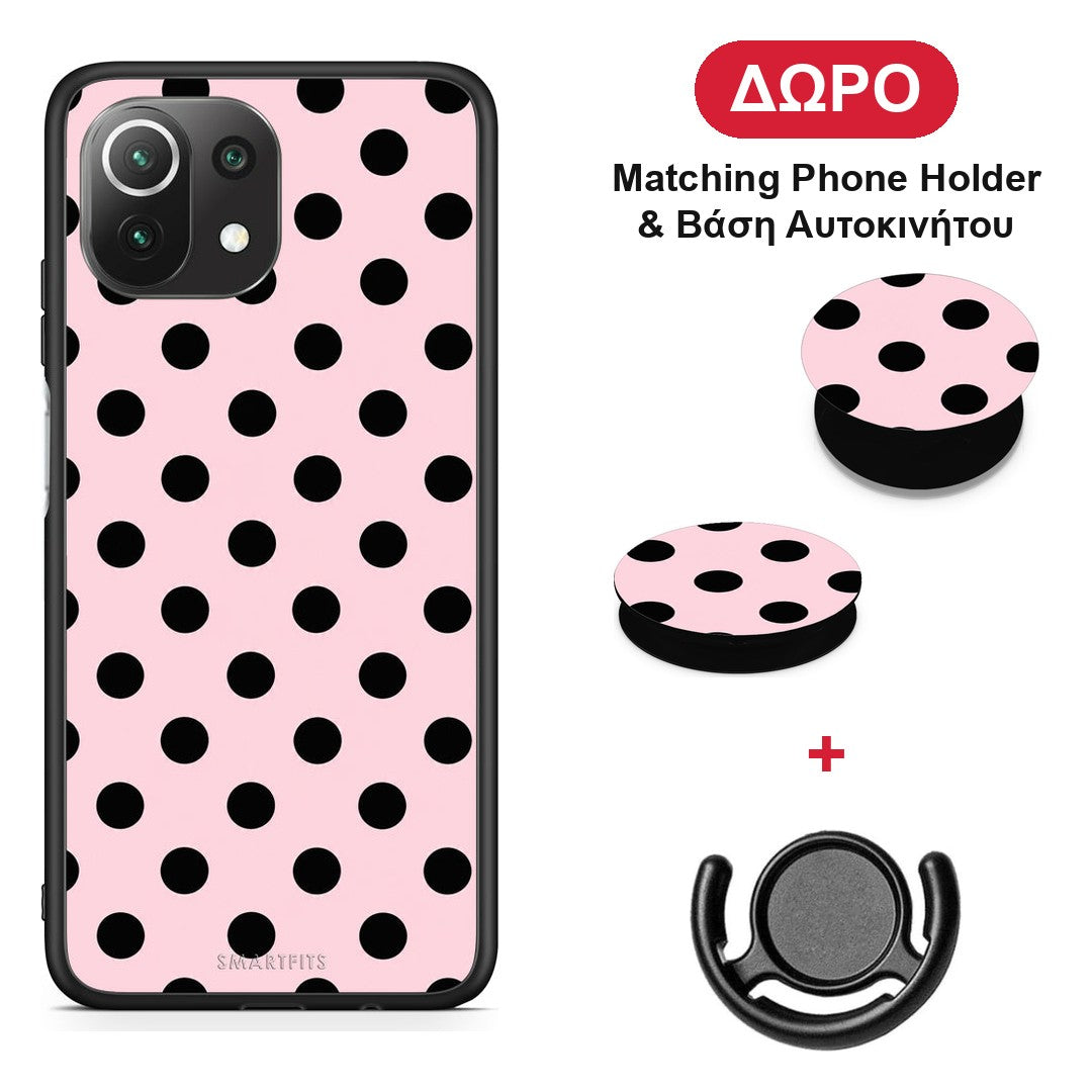 Black Polka Dots on Pink - Xiaomi 11 Lite 5G NE / Mi 11 Lite θήκη + Δώρο Phone Holder & Βάση Αυτοκινήτου