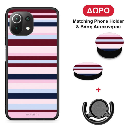Burgundy Pink and Blue Horizontal Stripes - Xiaomi 11 Lite 5G NE / Mi 11 Lite θήκη + Δώρο Phone Holder & Βάση Αυτοκινήτου