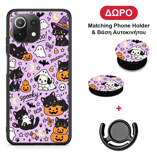 Halloween Black Cats on Lilac - Xiaomi 11 Lite 5G NE / Mi 11 Lite θήκη + Δώρο Phone Holder & Βάση Αυτοκινήτου