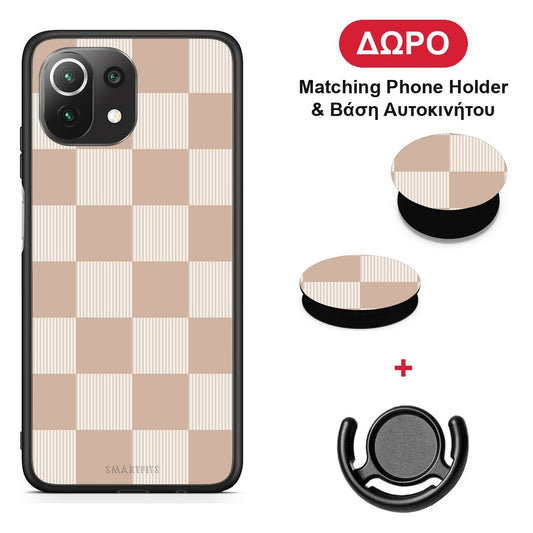 Latte and Cream Striped Checks - Xiaomi 11 Lite 5G NE / Mi 11 Lite θήκη + Δώρο Phone Holder & Βάση Αυτοκινήτου