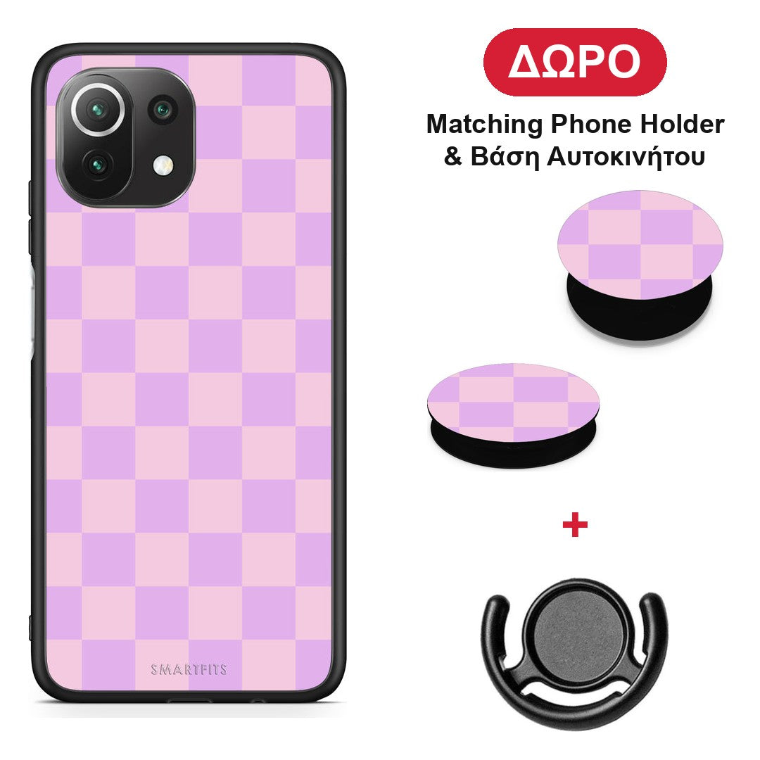 Lavender and Pink Checkerboard - Xiaomi 11 Lite 5G NE / Mi 11 Lite θήκη + Δώρο Phone Holder & Βάση Αυτοκινήτου