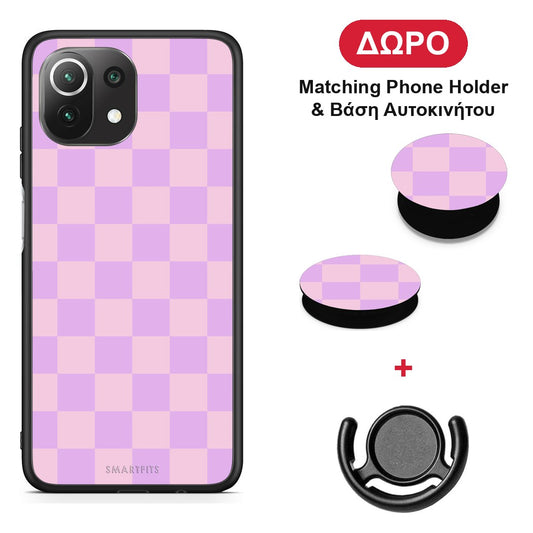 Lavender and Pink Checkerboard - Xiaomi 11 Lite 5G NE / Mi 11 Lite θήκη + Δώρο Phone Holder & Βάση Αυτοκινήτου