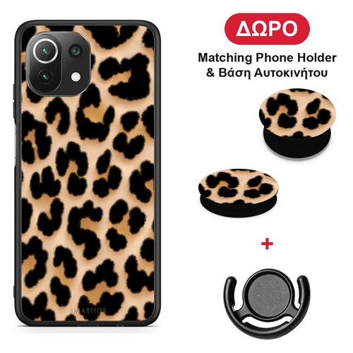 Leopard Print Tan Large - Xiaomi 11 Lite 5G NE / Mi 11 Lite θήκη + Δώρο Phone Holder & Βάση Αυτοκινήτου