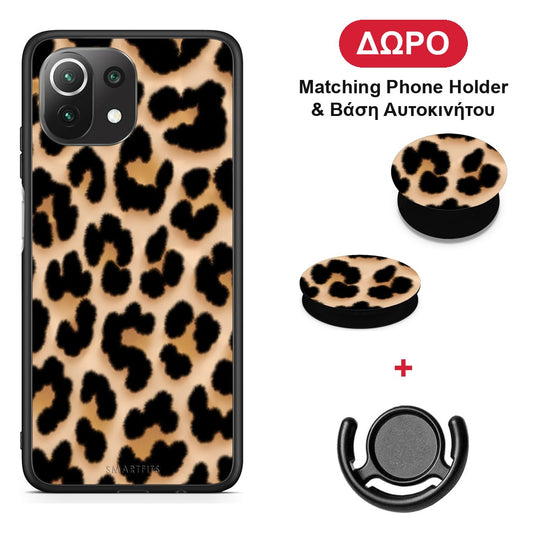 Leopard Print Tan Large - Xiaomi 11 Lite 5G NE / Mi 11 Lite θήκη + Δώρο Phone Holder & Βάση Αυτοκινήτου