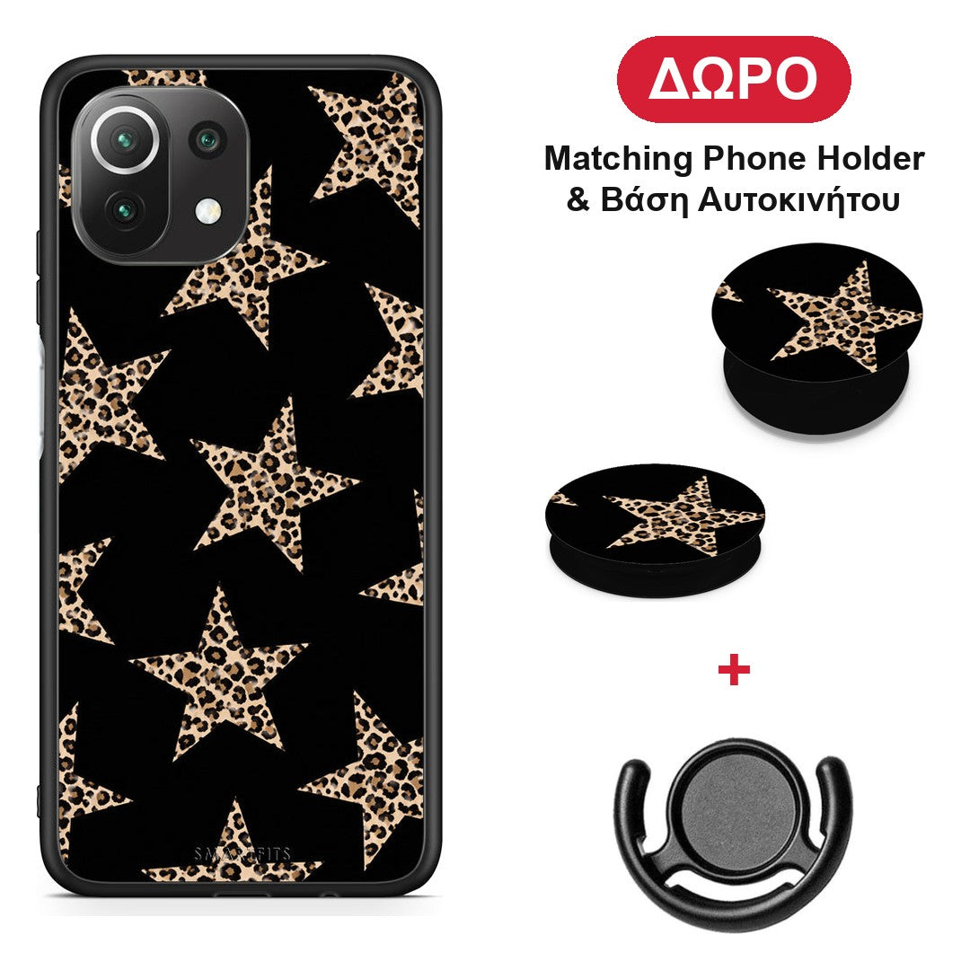 Leopard Stars on Black - Xiaomi 11 Lite 5G NE / Mi 11 Lite θήκη + Δώρο Phone Holder & Βάση Αυτοκινήτου